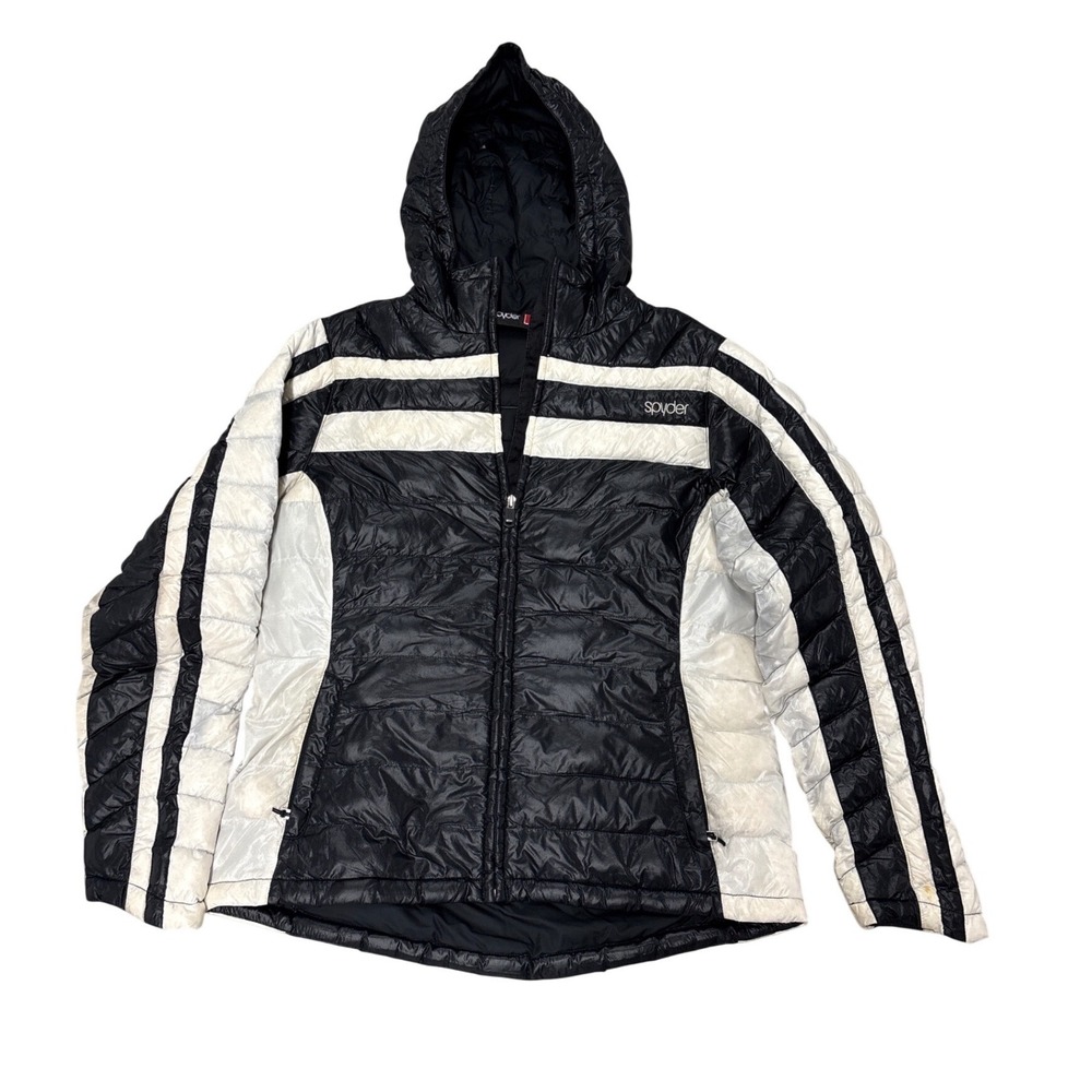 Spyder Womens XL Goose Down Puffer Jacket Black White Striped Hooded Ski Coat